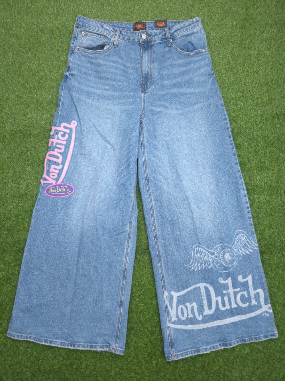 Von Dutch Jeans Womens 30 Extra Wide Leg Baggy Flared Patch Graphic Embroidered